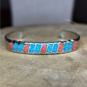 Sterling Silver Bracelet with Turquoise and Coral Accents